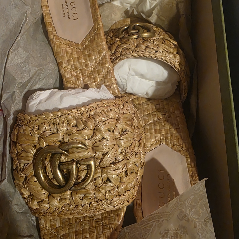 Gucci Woven Straw Slides with Gold Logo